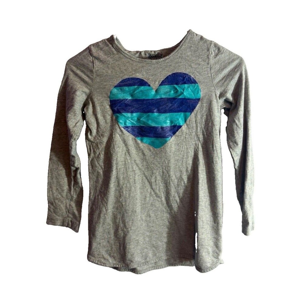 OshKosh Girls 10 Gray Long Sleeve Crew Neck T-Shirt Blue Heart Graphic